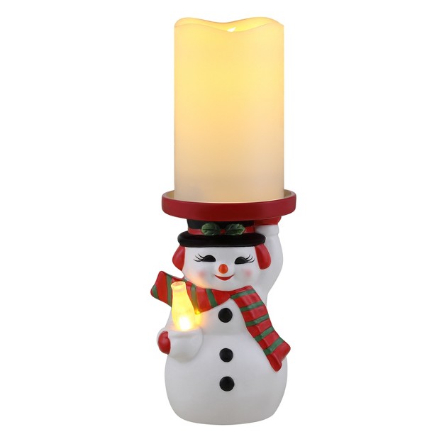 Ceramic Lit Snowman Candle Holder And Flameless Candle