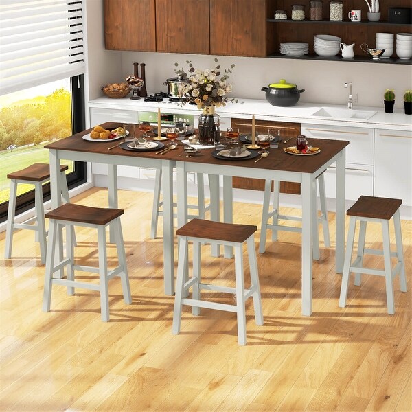 Gymax 5PCS Dining Table Set w/ 4 Saddle Stools Acacia Wood Legs Modern