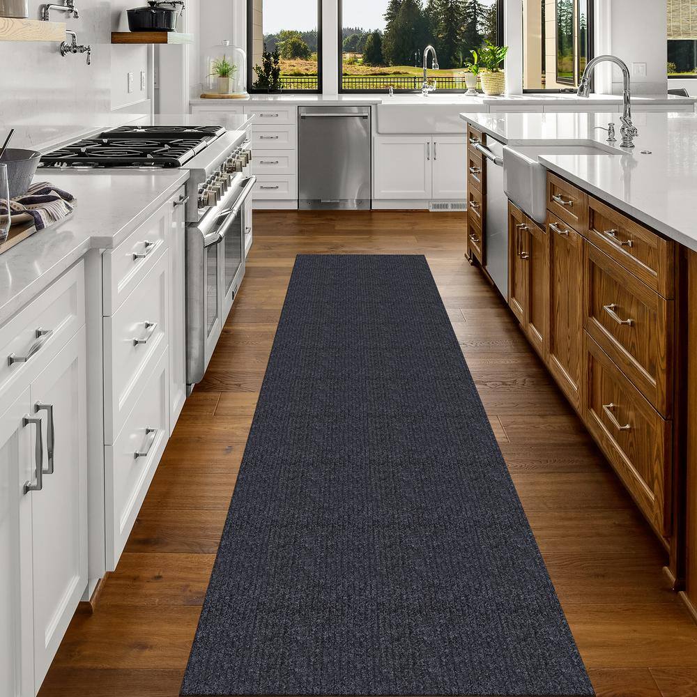 Sweet Home Stores 2 ft. W x 10 ft. L Black Ribbed Waterproof Non-Slip Rubber Back Solid Runner Rug Polypropylene Garage Flooring SH-SRT704-2X10