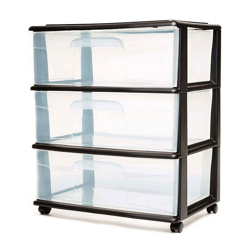 Homz Tall Solid Plastic 3 Drawer Medium Storage Cart With Wheels， Black (2 Pack)