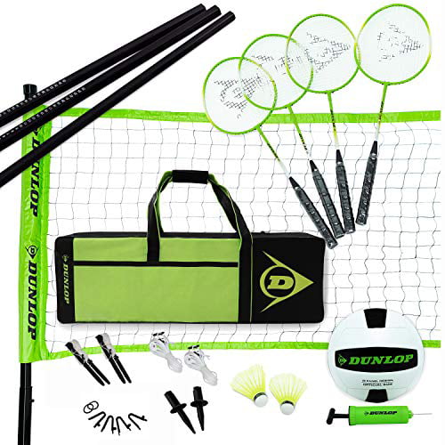 DUNLOP Outdoor Volleyball Badminton Lawn Game: 11-Piece Outdoor Backyard Party Set with Carrying Case， Black/Green