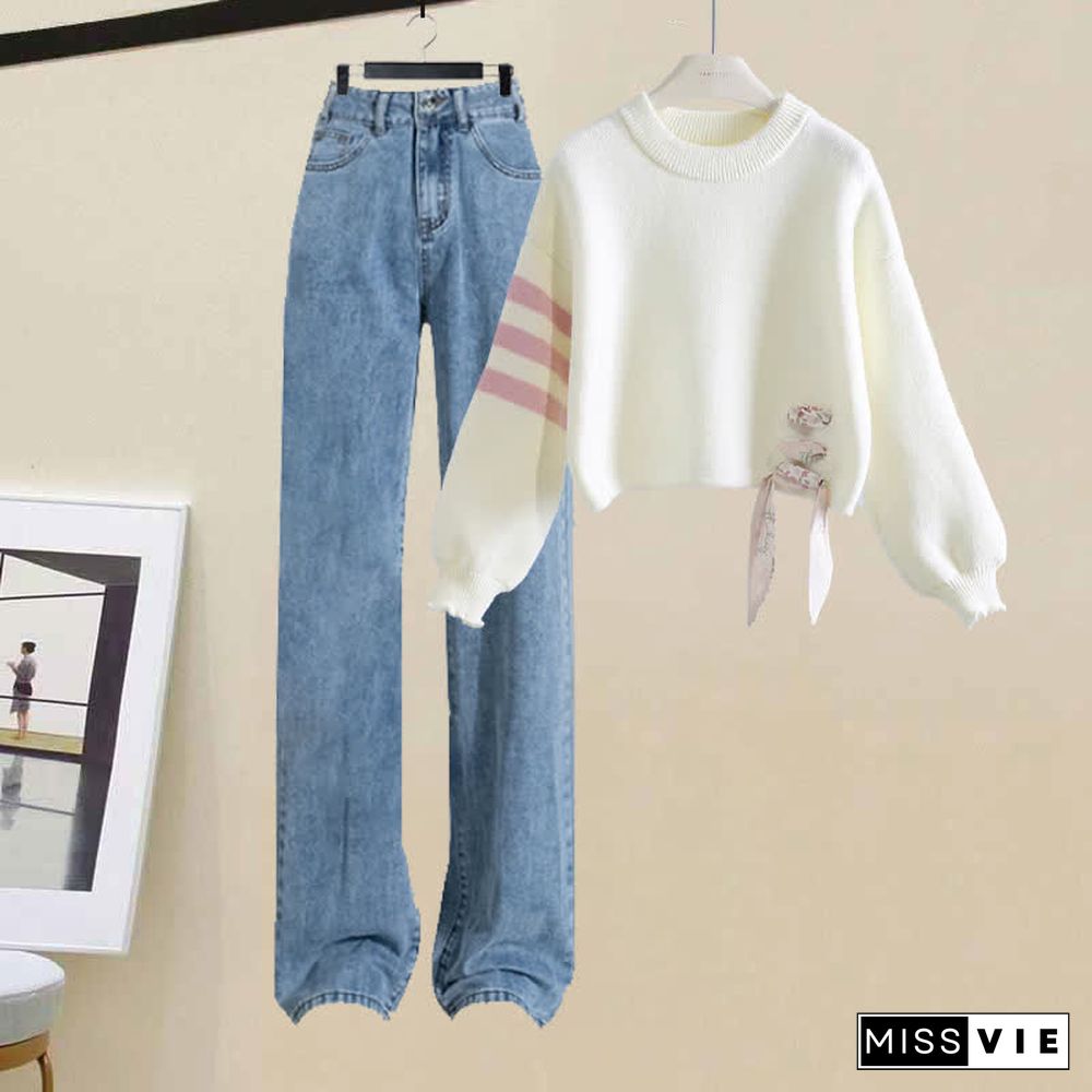 Lace Up Stripe Sleeve Sweater Letter Embroidery Casual Denim Pants