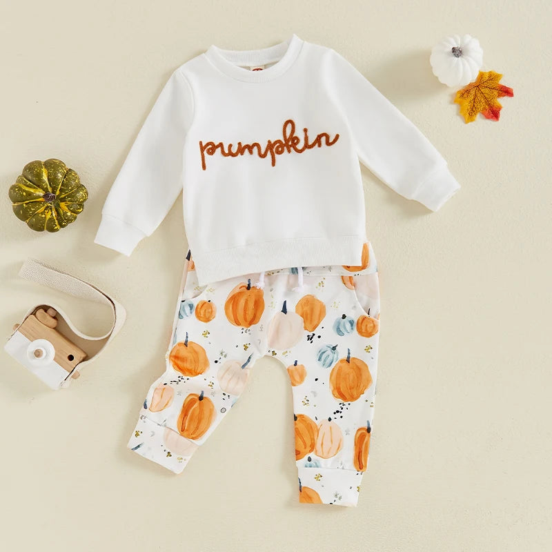 2024-05-17 Lioraitiin Toddler Boys Halloween Outfits Embroidered Letter Long Sleeve Sweatshirt Pumpkin Print Long Pants Fall Set