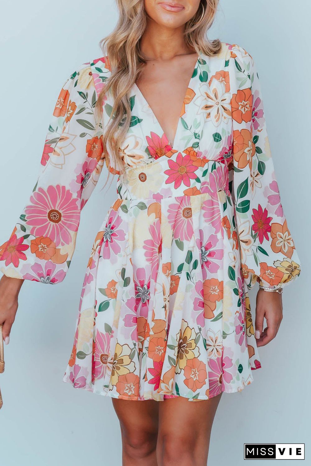 White Boho V Neck Bubble Sleeves Floral Dress