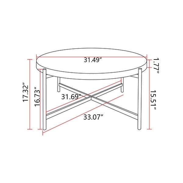 Modern Thread Design Round Coffee Table or End Table， MDF Table Top with Cross Legs Metal Base