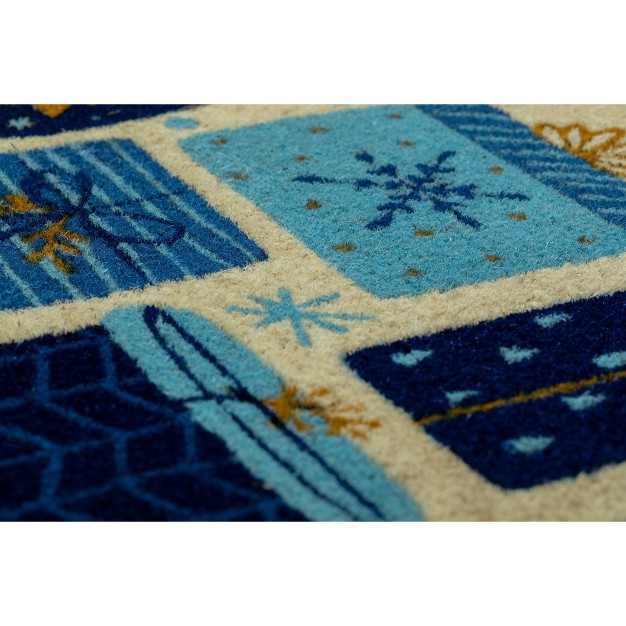 X 2 x27 4 quot Christmas Presents Indoor outdoor Coir Doormat Blue gold Entryways