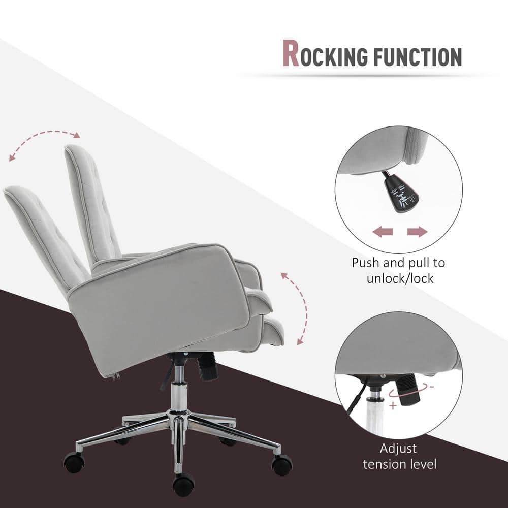 Vinsetto Light Grey Velvet Fabric Desk Chairs with Adjustable Height and Padded Armrests 921-102V02GY