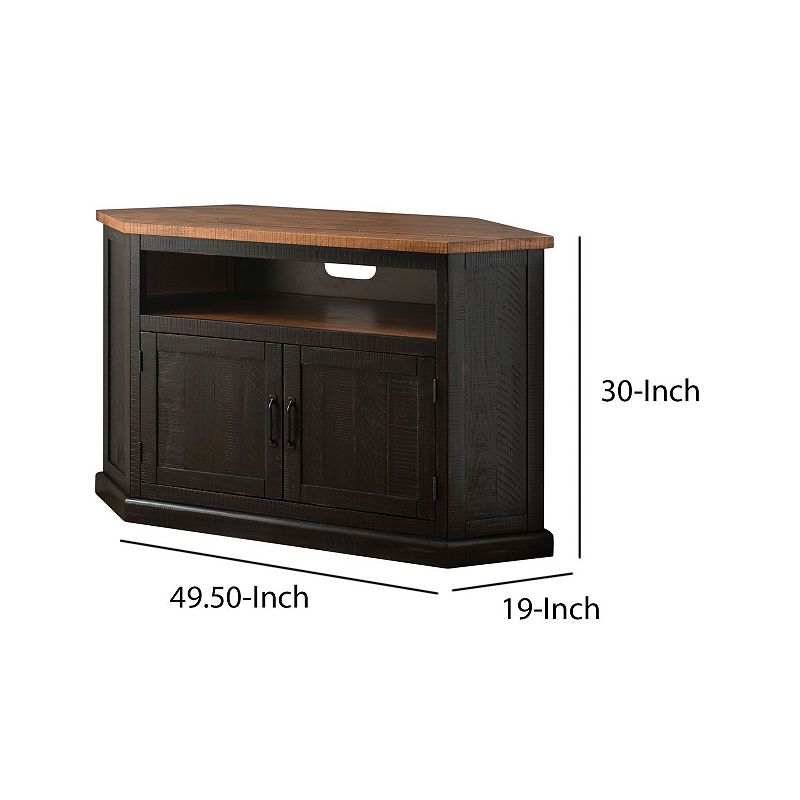 Rustic Style Wooden Corner TV Stand with 2 Door Cabinet， Brown