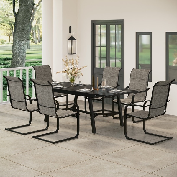 7/9piece Patio Dining Set，Expendable Rectangular Outdoor Dining Table with C Spring Rocking Chairs