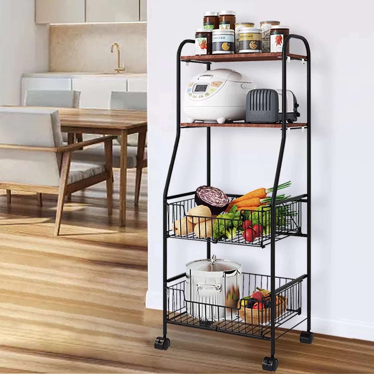 Nisorpa 4-Tier Kitchen Standing Shelf with Rolling Wheels， Baker Rack for Kitchen with Storage as Home Gift， Black