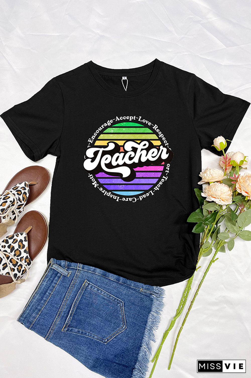 Colorful Teacher Retro Circle Short Sleeve Graphic Tee Wholesale