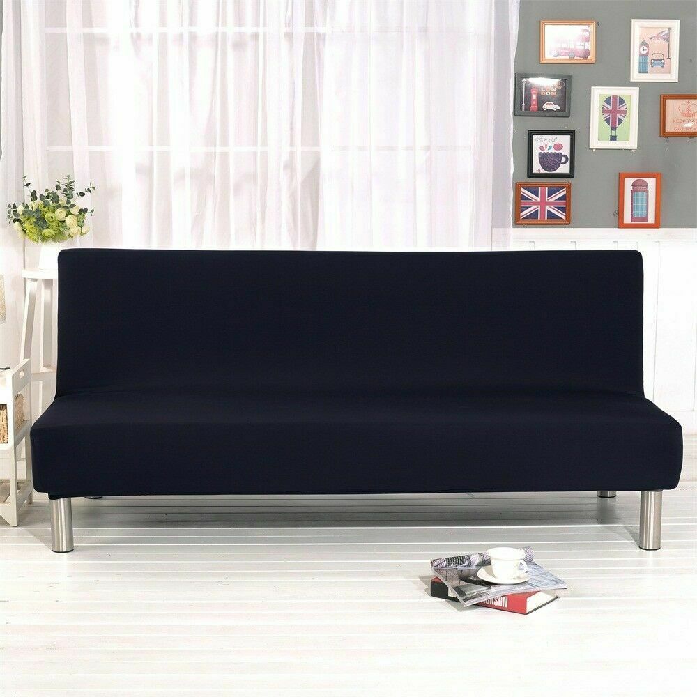 Jian Ya Na Armless Folding Sofa Bed Cover Solid Color Stretch Futon Slipcover Protector Black