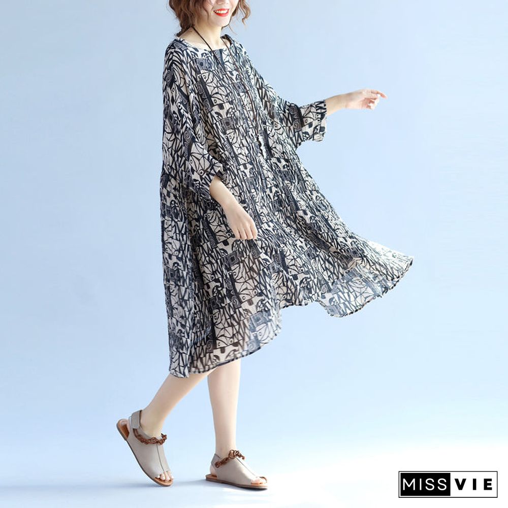 Elegant floral cotton linen knee dress oversized Batwing Sleeve large hem linen cotton dress casual O neck Cinched dresses