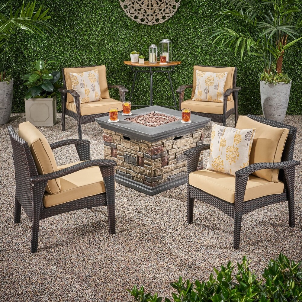 Kaula 5 piece Wicker Club Chair Fire Pit Set by Christopher Knight Home