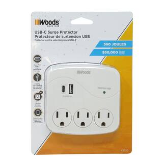 Woods 3- Outlet Surge Wall Tap with Phone Cradle and USB ports 41030