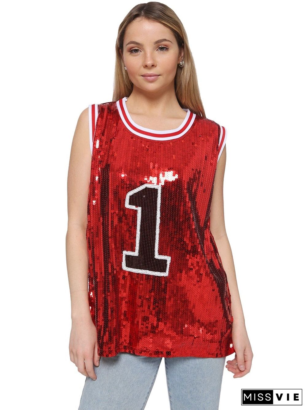 Sparkle Glitter Hip Hop Number 1 T-Shirt Top Blouse Tunic Sequins Basketball Tank Vests