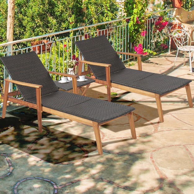 Tangkula 2pcs Patio Lounge Chair Adjustable Recliner Chair Acacia Wood Frame Folding Table Set