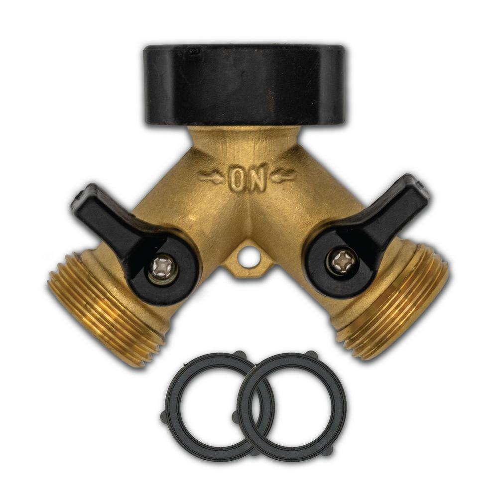 FREEZE MISER Heavy Duty Brass 2 Way Y-Valve 34 in. Garden Hose Splitter with Shutoff + 2 Hose Washers and Comfort Grips 34 inch 2482