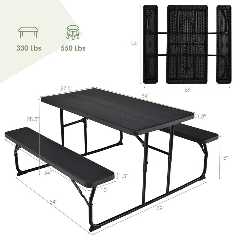 4-Person Folding Picnic Table Bench Set with Wood-like Texture & Metal Frame, Portable Outdoor Camping Dining Table Set