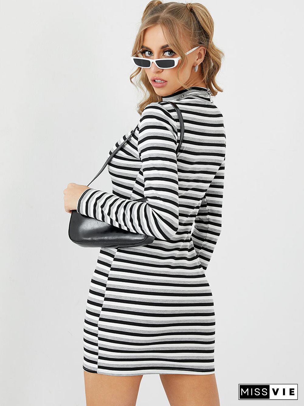 Stripe Print Mock Neck Long Sleeve Dress for Women