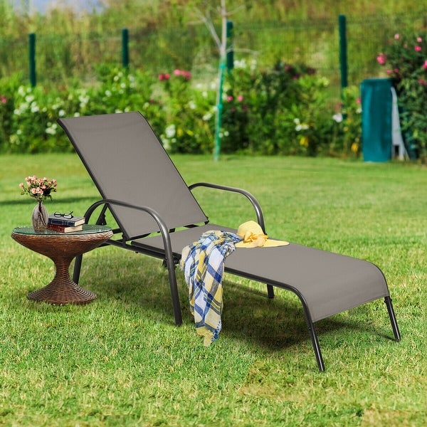 2PCS Adjustable Chaise Lounge Chair Patio Yard Outdoor w/ Armrest Brown