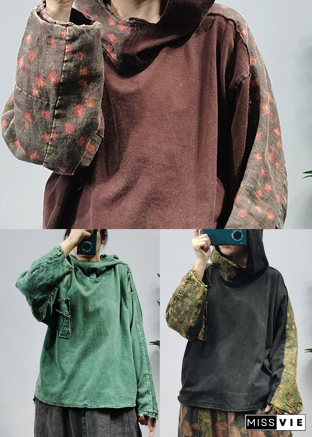 Simple Green Hooded Print Linen Sweatshirts Tracksuits Long Sleeve