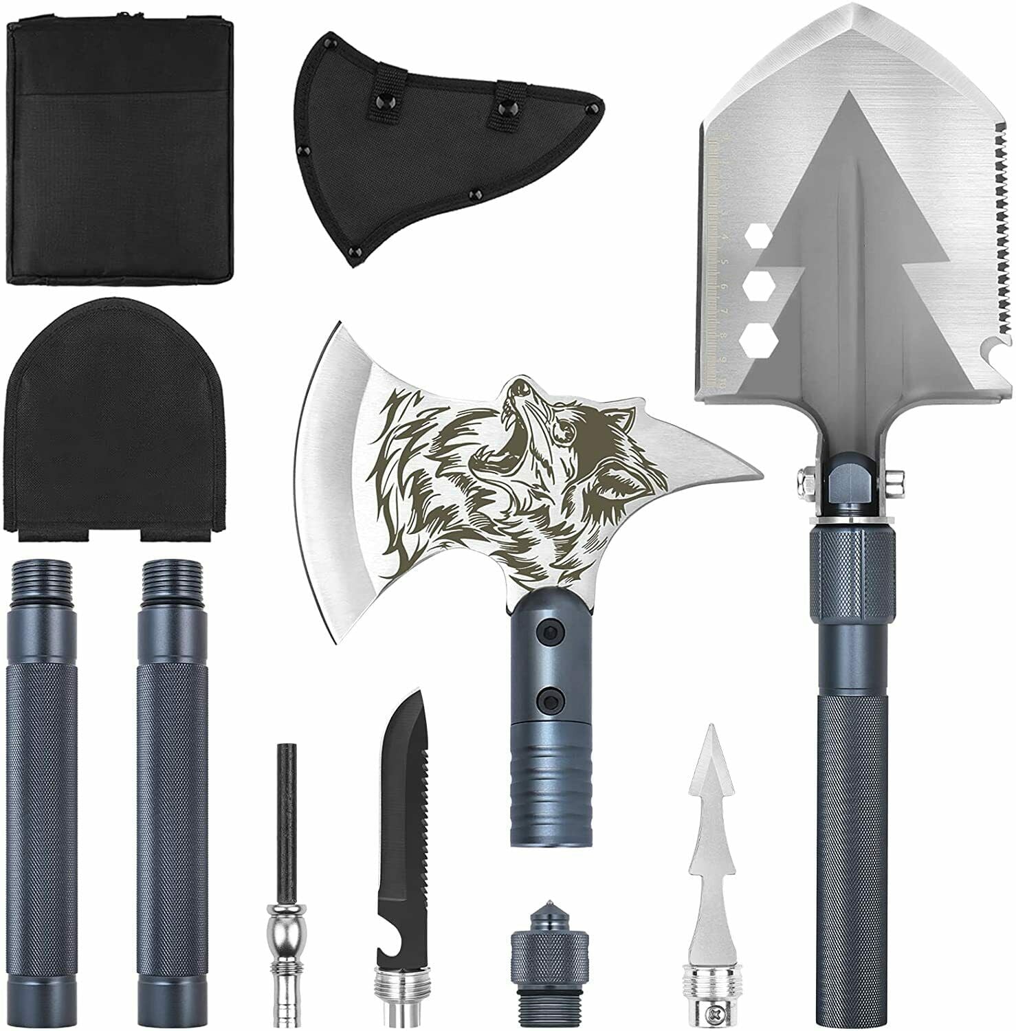 Camping Folding Shovel Hunting Tactical Survival Multitools Garden Spade Kit