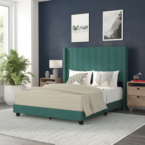 Bianca Full Upholstered Platform Bed with Vertical Stitched Wingback Headboard， Slatted Mattress Foundation， No Box Spring Needed， Emerald Velvet