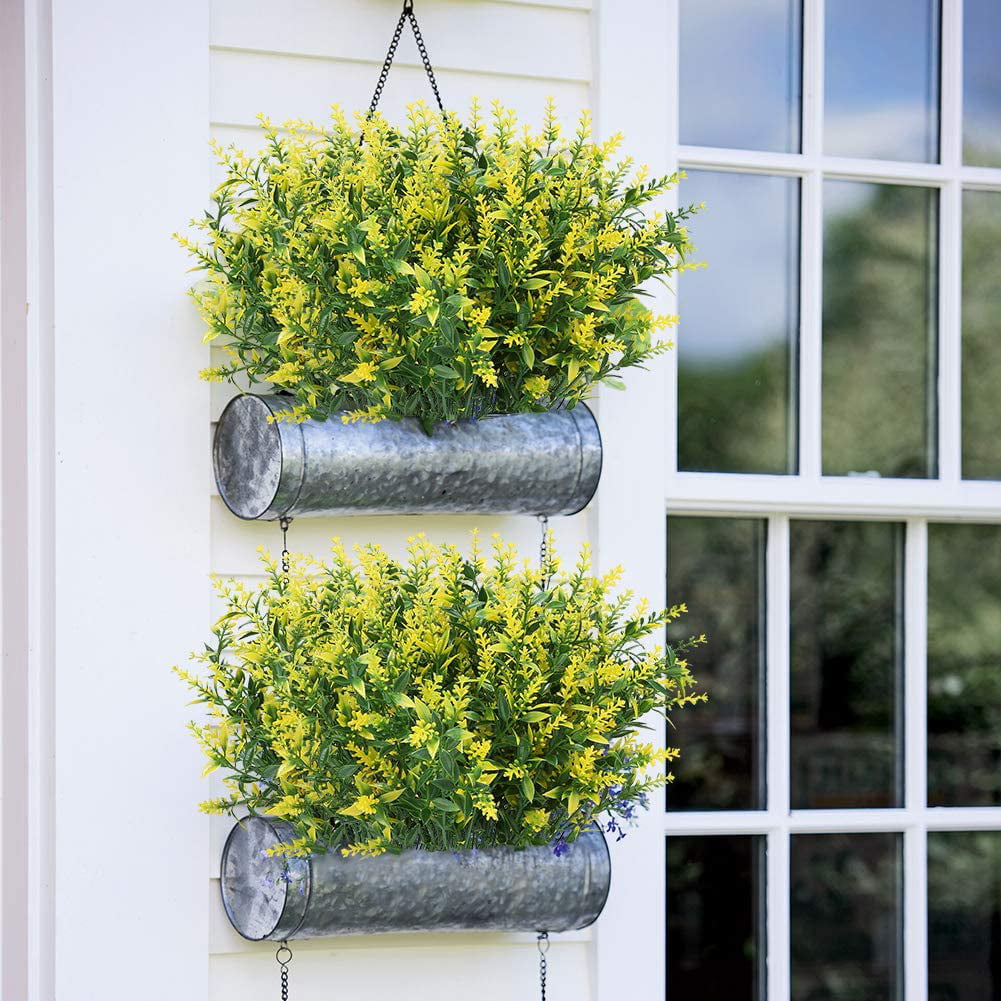 Sinhoon 8 Bundles Outdoor Artificial Lavender Fake Flowers UV Resistant Shrubs, Faux Plastic Greenery for Indoor Outside Hanging Plants Garden Porch Window Box Home Wedding Farmhouse Decor (Yellow)