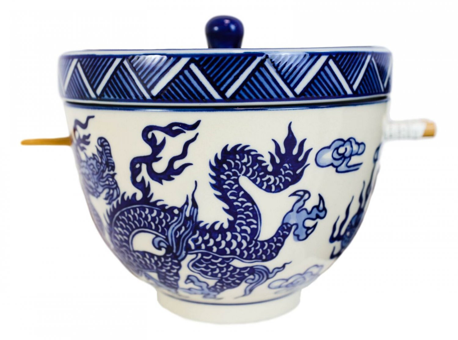 1 Blue White Dragon Ramen Bowl With Tempura Divider Condiment Lid Chopsticks Set EBR02