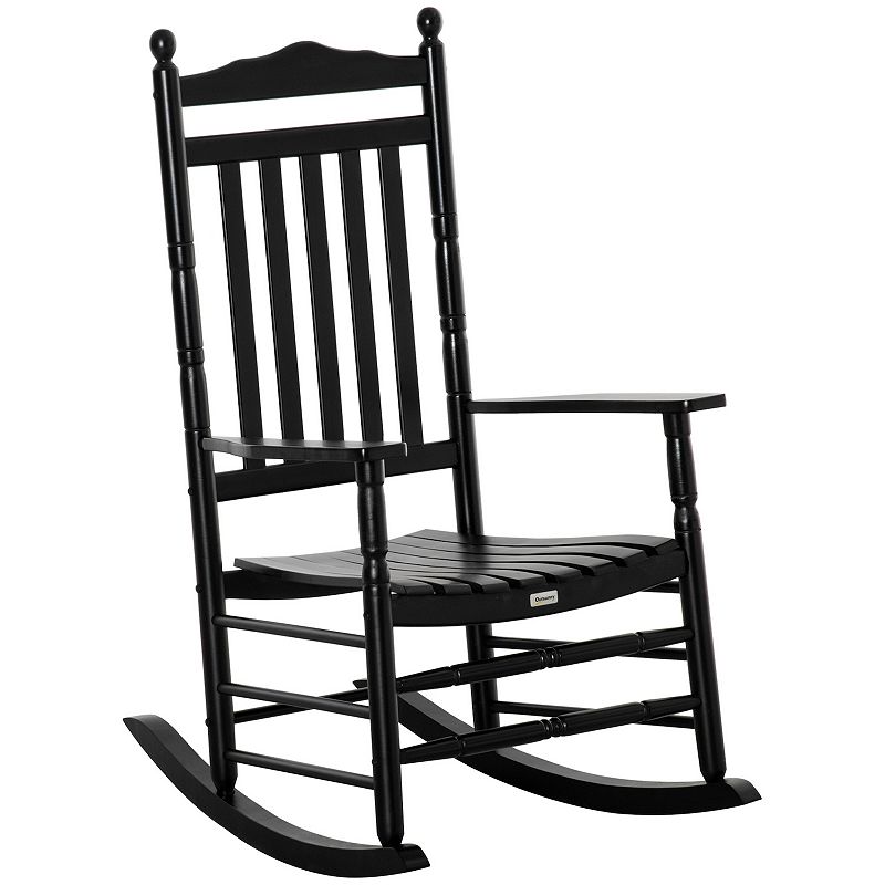 Outsunny Traditional Wooden High-Back Rocking Chair for Porch， Indoor/Outdoor， Black