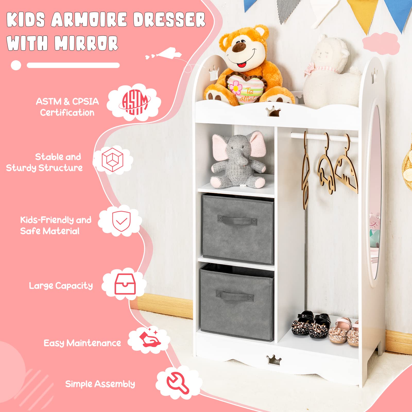 Costzon Kids Dress up Storage W/Mirror, 2 Storage Bins & Cloth Hanger, Costume Closet Wardrobe