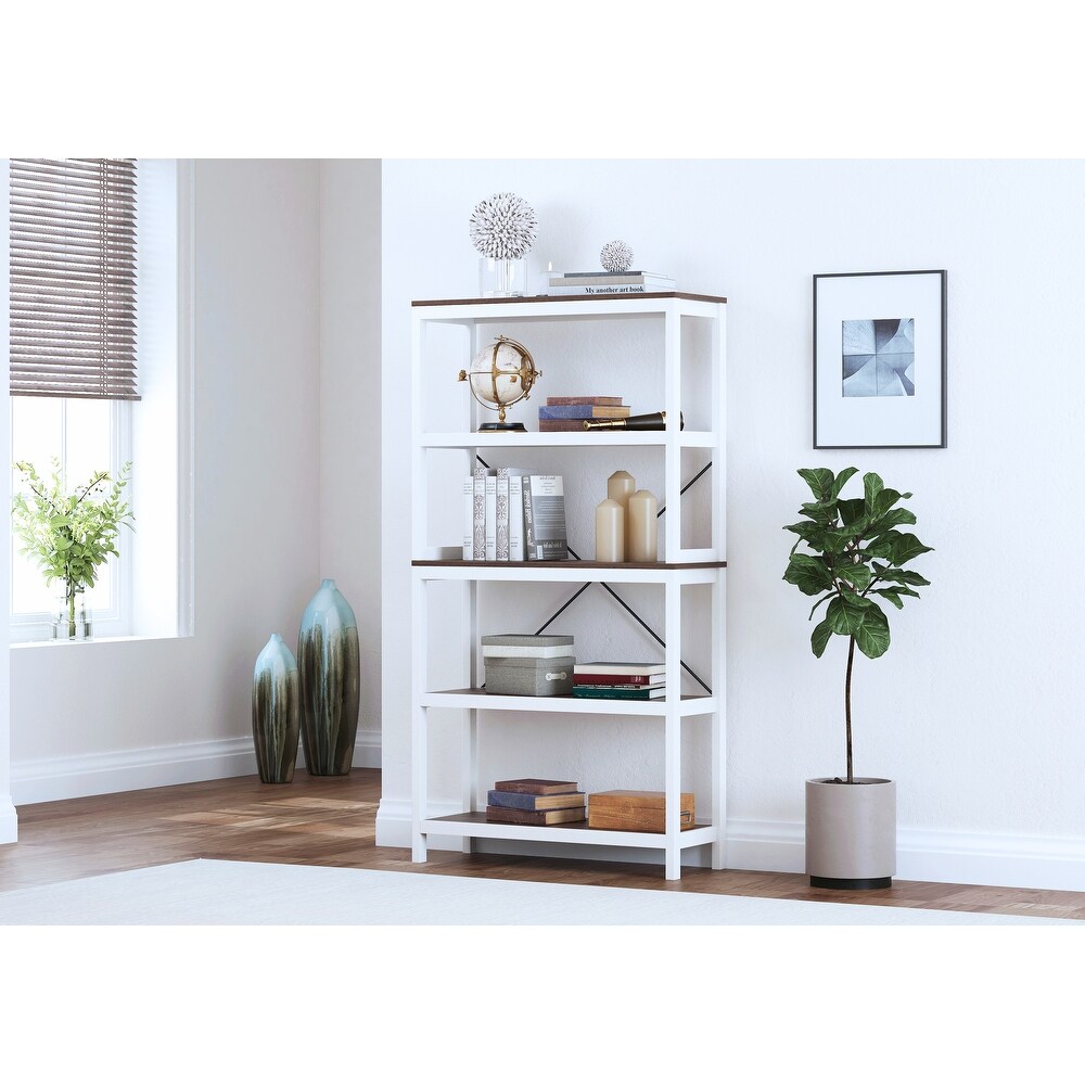 Spirich 5 Tier Bookshelf  Modern Bookcase with Wood Frame  Multipurpose Standing Shelving Unit  White