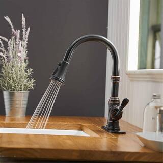 FLG Single-Handle Deck Mount Gooseneck Pull Down Sprayer Kitchen Faucet with Deckplate in Oil Rubbed Bronze LE-0014-ORB