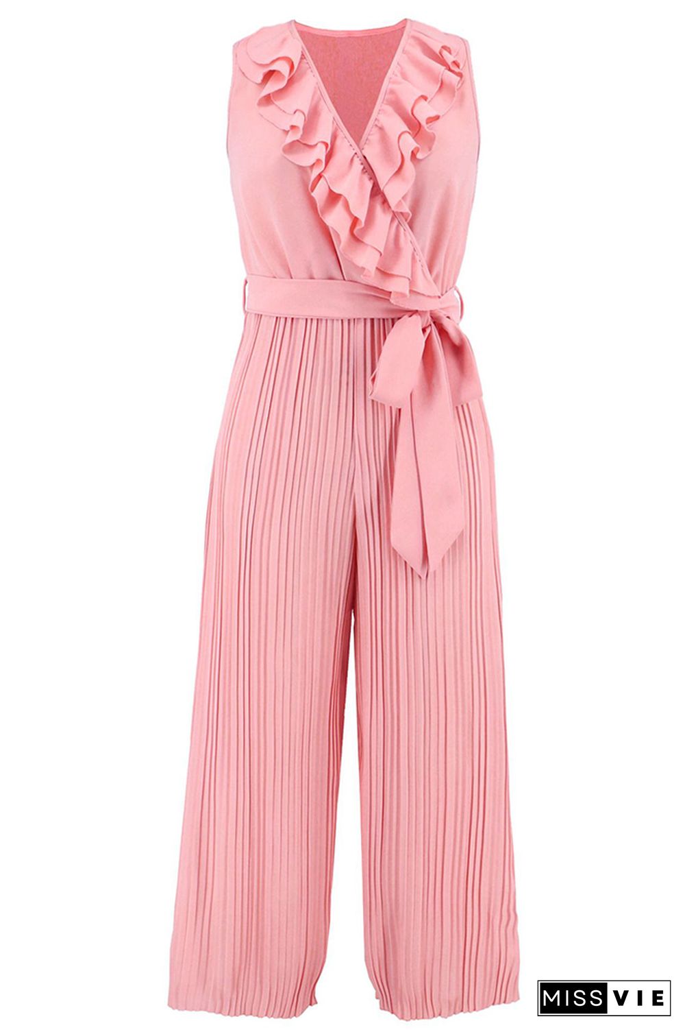 V Neck Ruffles Pleated Sleeveless Jumpsuit