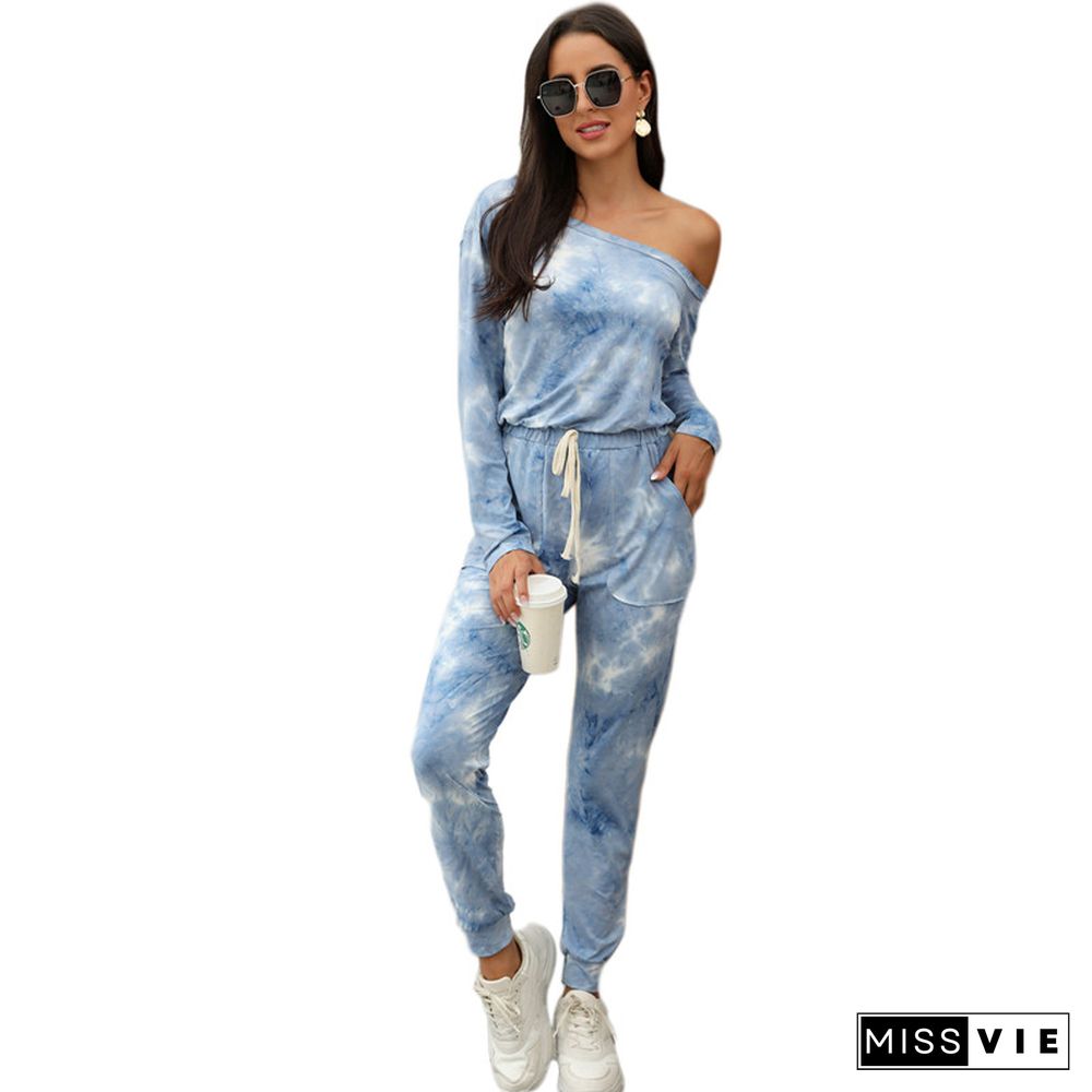 Women Tie Dye Print Jumpsuit Streetwear Off Shoulder Lace Up One Piece Romper Overalls Autumn Rompers Womens Jumpsuit