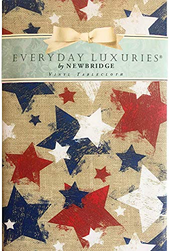 Newbridge Burlap Patriotic Stars Print Vinyl Flannel Backed Tablecloth - Rustic American Stars Flag Indoor/Outdoor Print Tablecloth for Patio and Kitchen Dining- 60? x 84? Oval