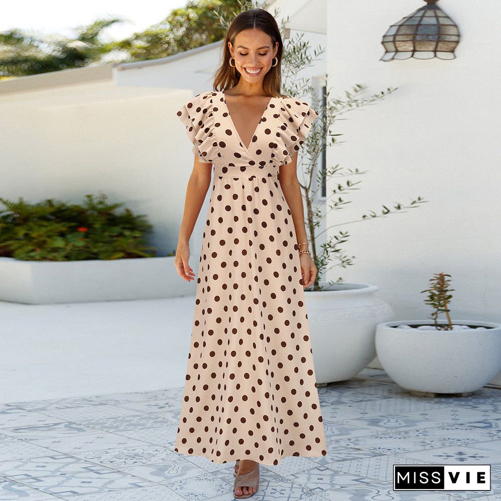 Polka Dot V Neck Cap Sleeve Maxi Dress