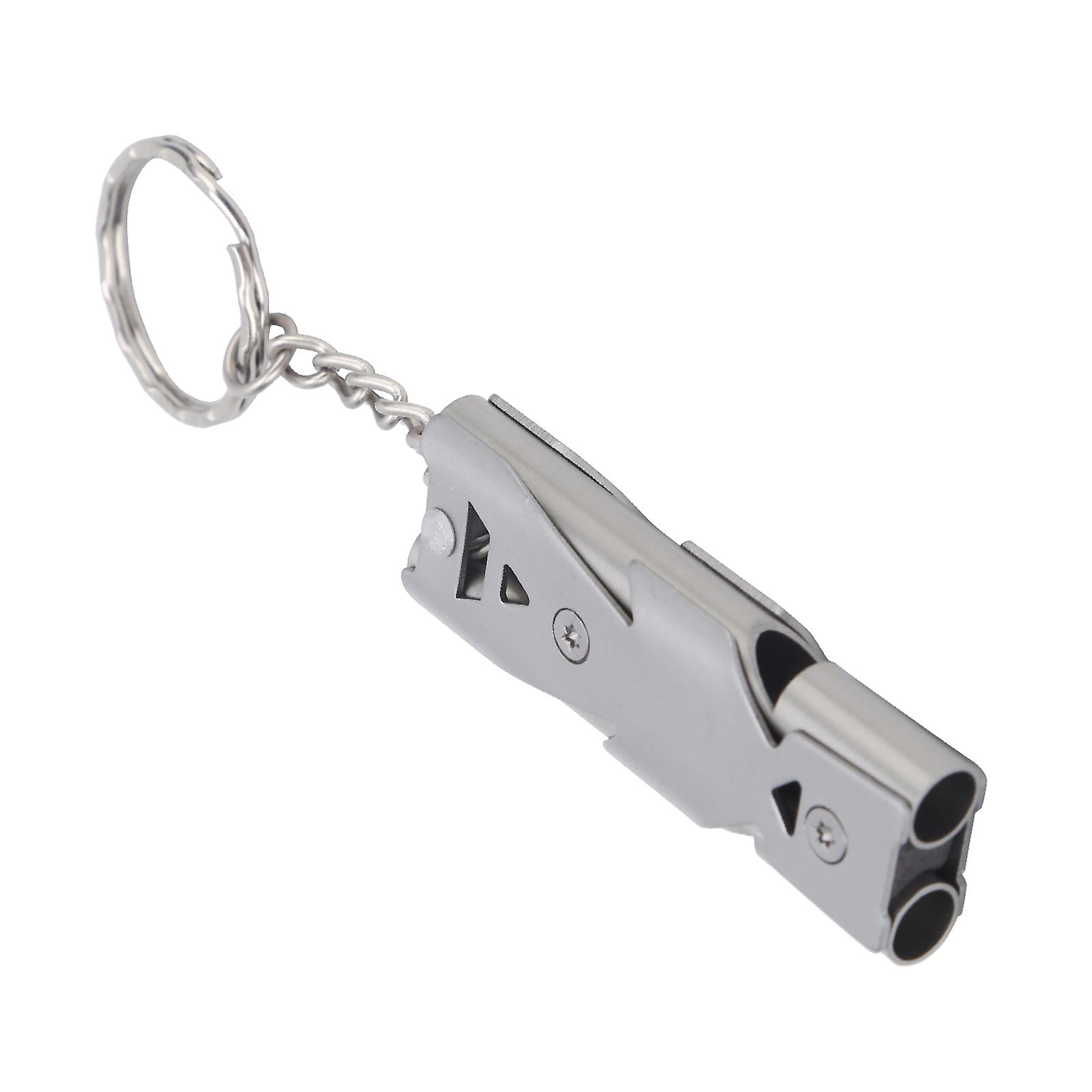 Outdoor Survival Whistle With Keychain Stainless Steel Double Tubes Safety Whistlegray