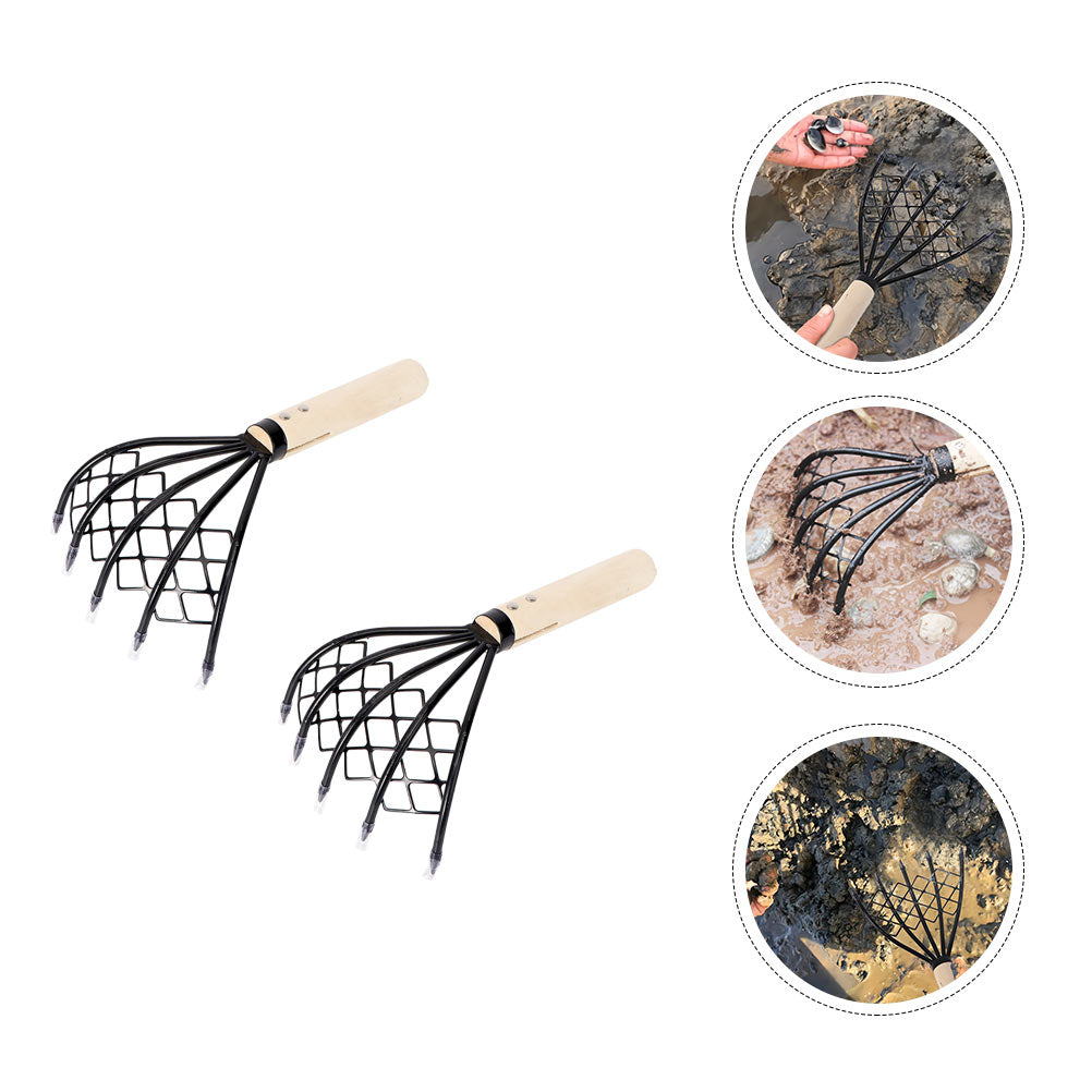 2pcs Carbon Steel Clam Rake with Net Oyster Shell Digging Tool Rake Tool