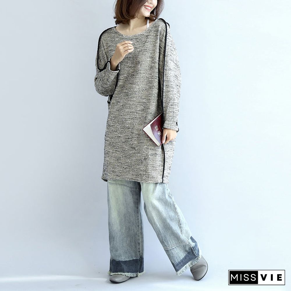 fall fashion casual knit cotton dresses light gray long sleeve sweater dress