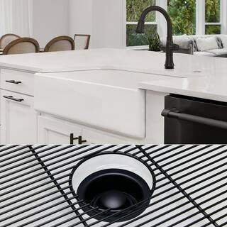 Fossil Blu Luxury White Solid Fireclay 36 in. Single Bowl Farmhouse Apron Kitchen Sink with Matte Black Accs and Flat Front WHS1008MB