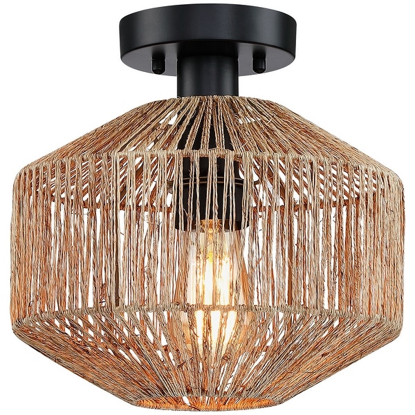 True Fine Bohemian Natural Jute Rope Semi Flush Mount Ceiling Light with Black Hardware - 10.2 in.W