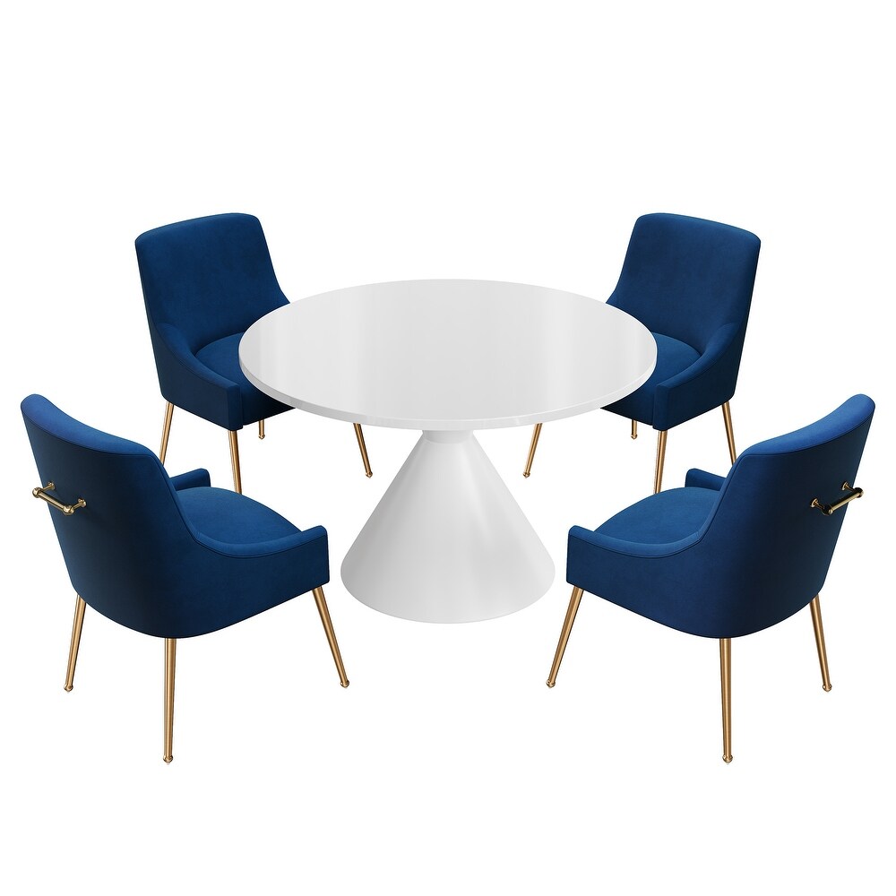 Clihome 5 Piece High Gloss White Table with Velvet Chair Dining Set