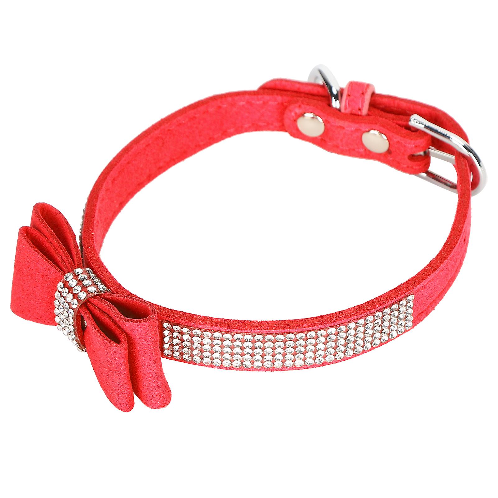 Suede Microfiber Double Bowknot Crystal Sparkle Rhinestone Cat Collar Pet Supplyred M 42x2.0cm