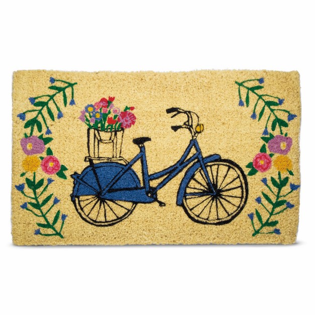 Blue Bicycle Bright Flowers Rectangle Indoor And Outdoor Coir Door Welcome Mat Multicolored On Beige Background