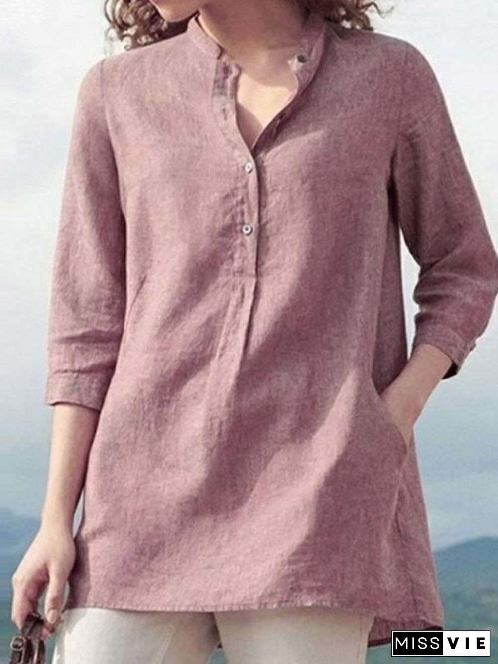 Women's solid color casual stand collar 3/4 sleeves shirt