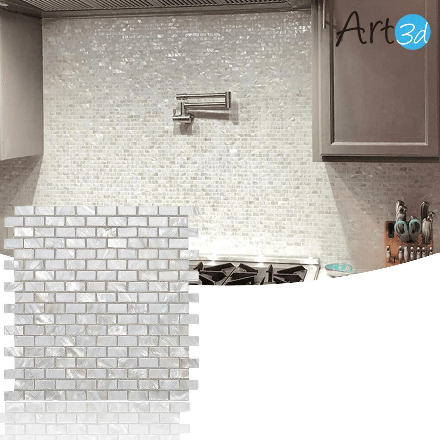 Art3d (10-Pack) 12 x 12 Mother of Pearl Backsplash Tile with Seams White Opal Subway for Kitchen