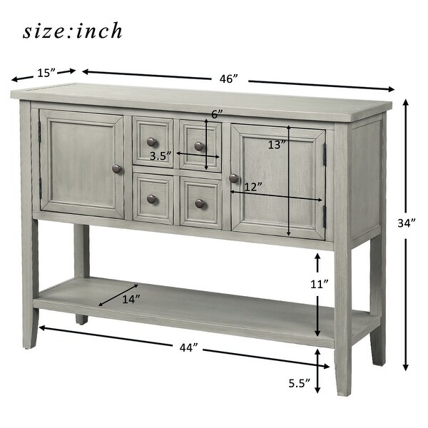 Wooden Console Table with 4 Storage Drawers and 2 Cabinets， Sofa Table with Bottom Shelf and Solid Wood Legs， Antique Gray