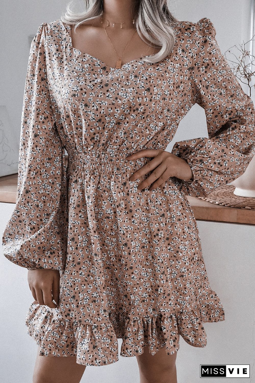 Floral Chiffon Ruffle Lantern Sleeve Dress